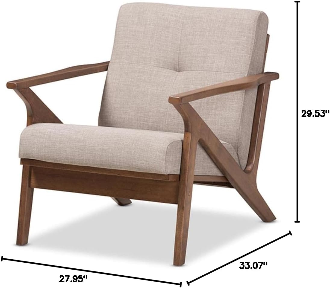 Bianca Mid-Century Modern Walnut Wood Light Grey Fabric Tufted Lounge Chair