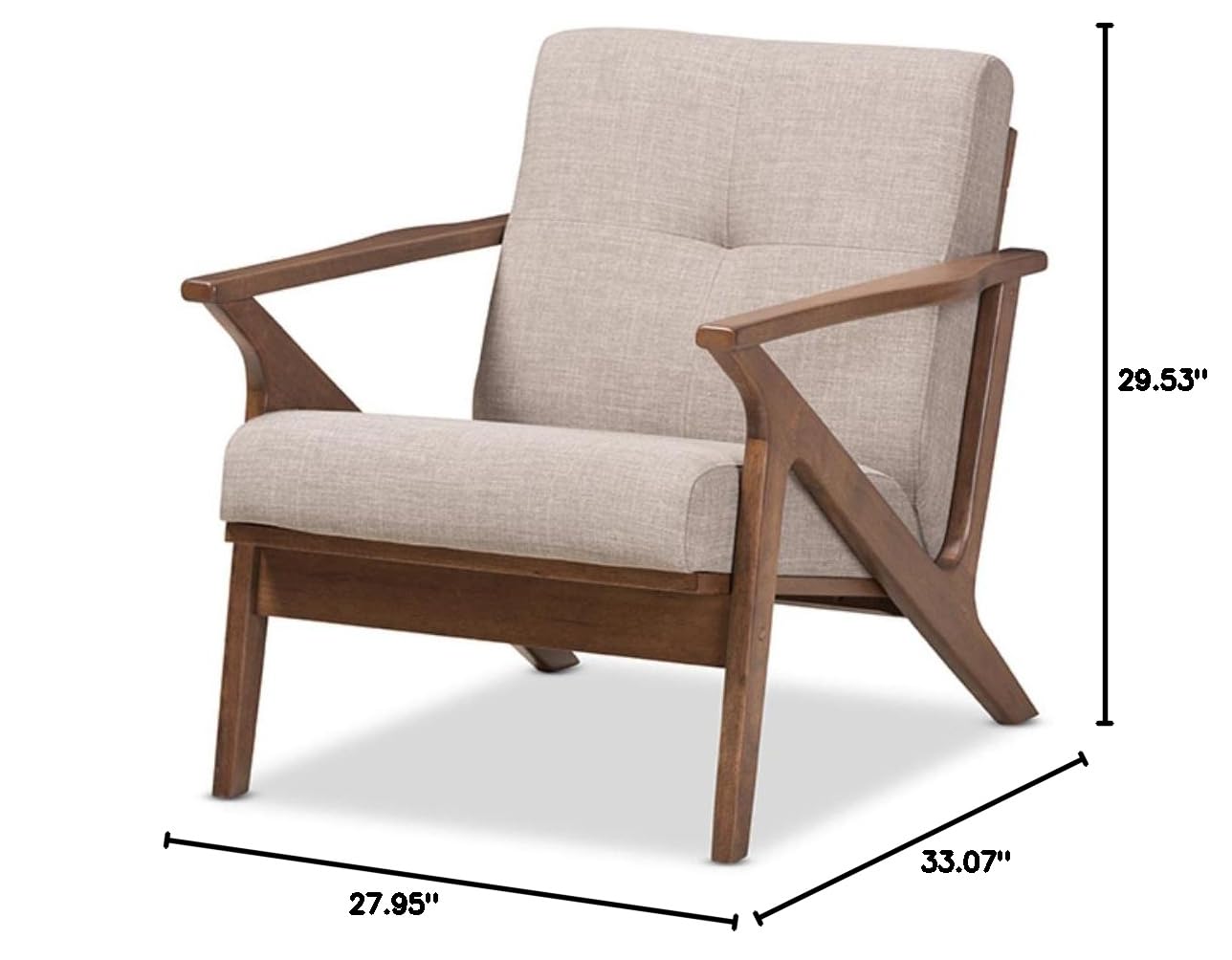 Bianca Mid-Century Modern Walnut Wood Light Grey Fabric Tufted Lounge Chair