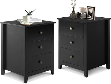 Black Nightstand Set of 2, Bedroom Nightstand with 2 Storage Drawers