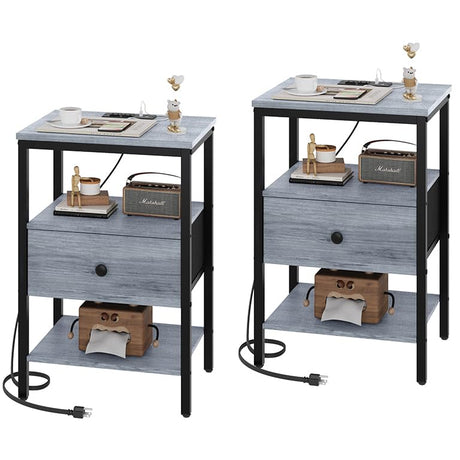 Nightstand with Charging Station, Set of 2 Side Tables with Drawers, Small Nightstands