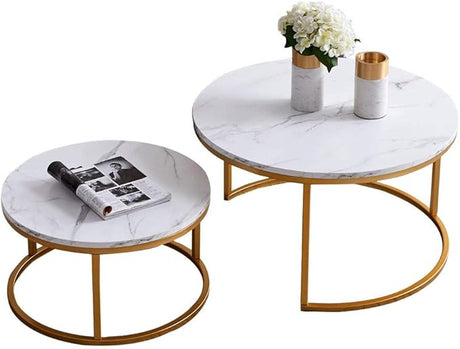 Round Nesting Coffee Table, Set of 2 Modern Coffee Table with Faux Marble Top