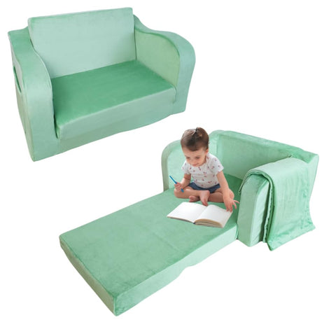 Kids Foam Couch with Blanket, Pre-Assembled Toddlers 2-in-1 Convertible Sofa, Indoor Foadable Lounger Chair & Flip Open Floor Bed for Boys & Girls (Mint Green)