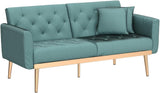 Velvet Futon Sofa Bed, Upholstered Loveseat Sleeper Couch with 3 Reclining Angles and 2 Pillows, Modern Living Room Sofa Couch with 5 Solid Metal Legs for Guest Room, Office, Mint Green