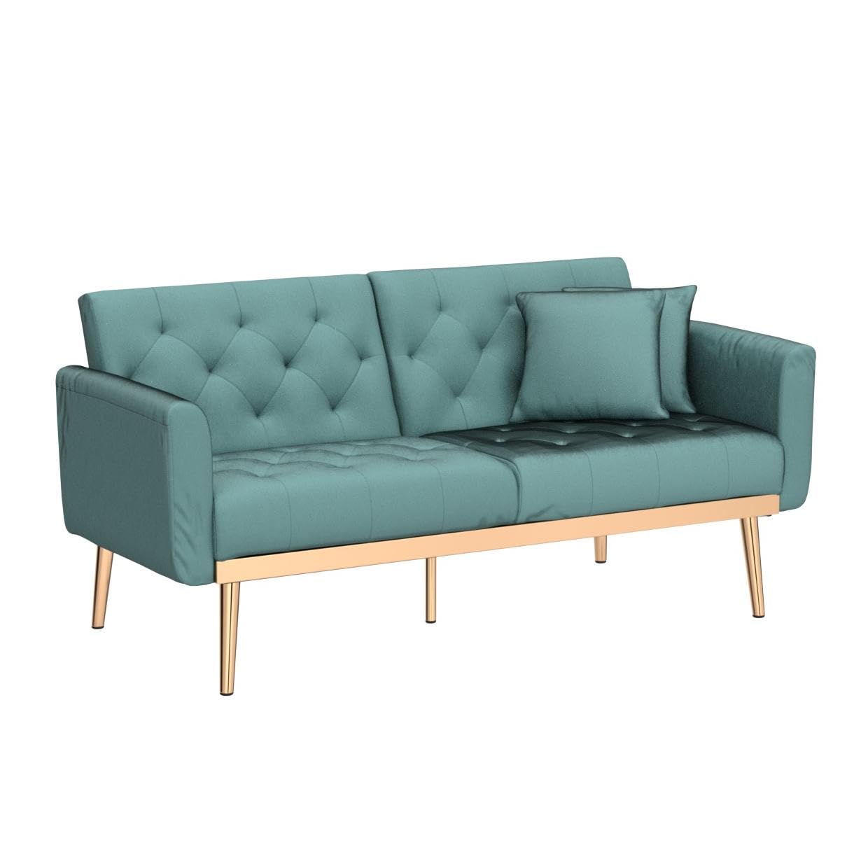 Velvet Futon Sofa Bed, Upholstered Loveseat Sleeper Couch with 3 Reclining Angles and 2 Pillows, Modern Living Room Sofa Couch with 5 Solid Metal Legs for Guest Room, Office, Mint Green