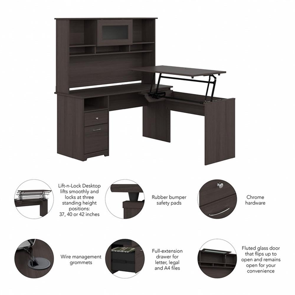 Bush Furniture Cabot 60W 3 Position Sit to Stand L Shaped Desk with Hutch in Heather Gray