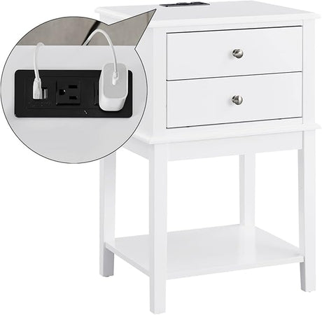 White Nightstand 2 Drawers and Storage Shelf, 28" High Bedroom Night Stand