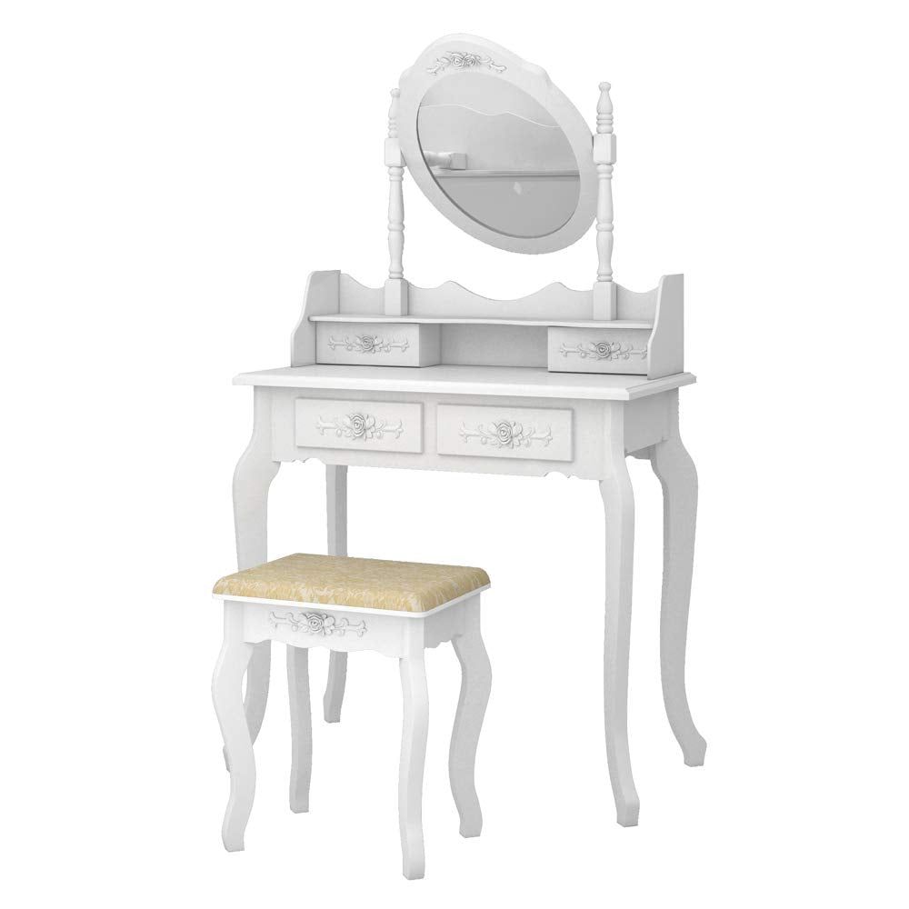 Set,Makeup Vanity Table with Stool,Single Mirror Dressing Table Compact Vanity Desk with 4-Drawer 360-Degree Rotation Removable Mirror for Women Girls (White)