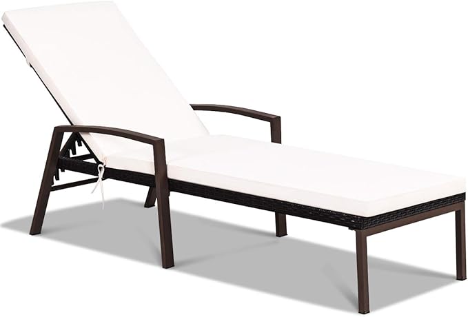 Patio Rattan Lounge Chair, Outdoor Reclining Chaise with Cushion and Armrest