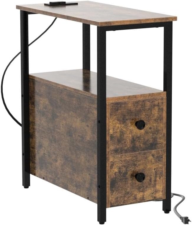 End Table with Charging Station, Narrow Side Table with 2 Wooden Drawers