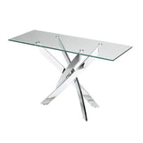 Glass Top Console Table with Chromed Metal Base, Clear and Silver