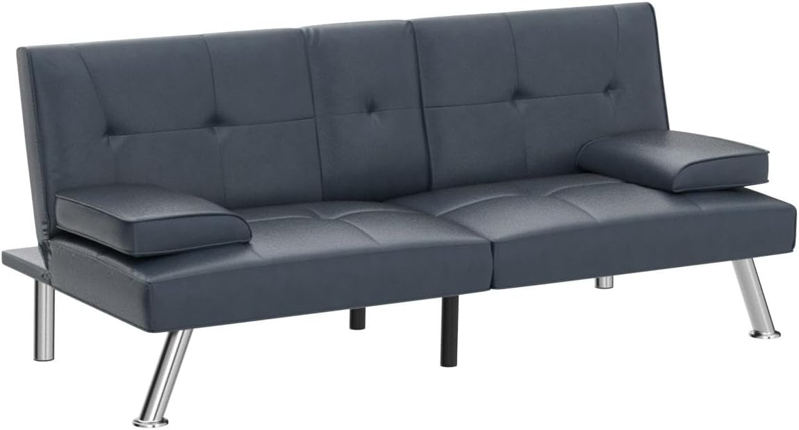 Faux Leather Upholstered Modern Convertible Futon, Adjustable Folding Sofa Bed