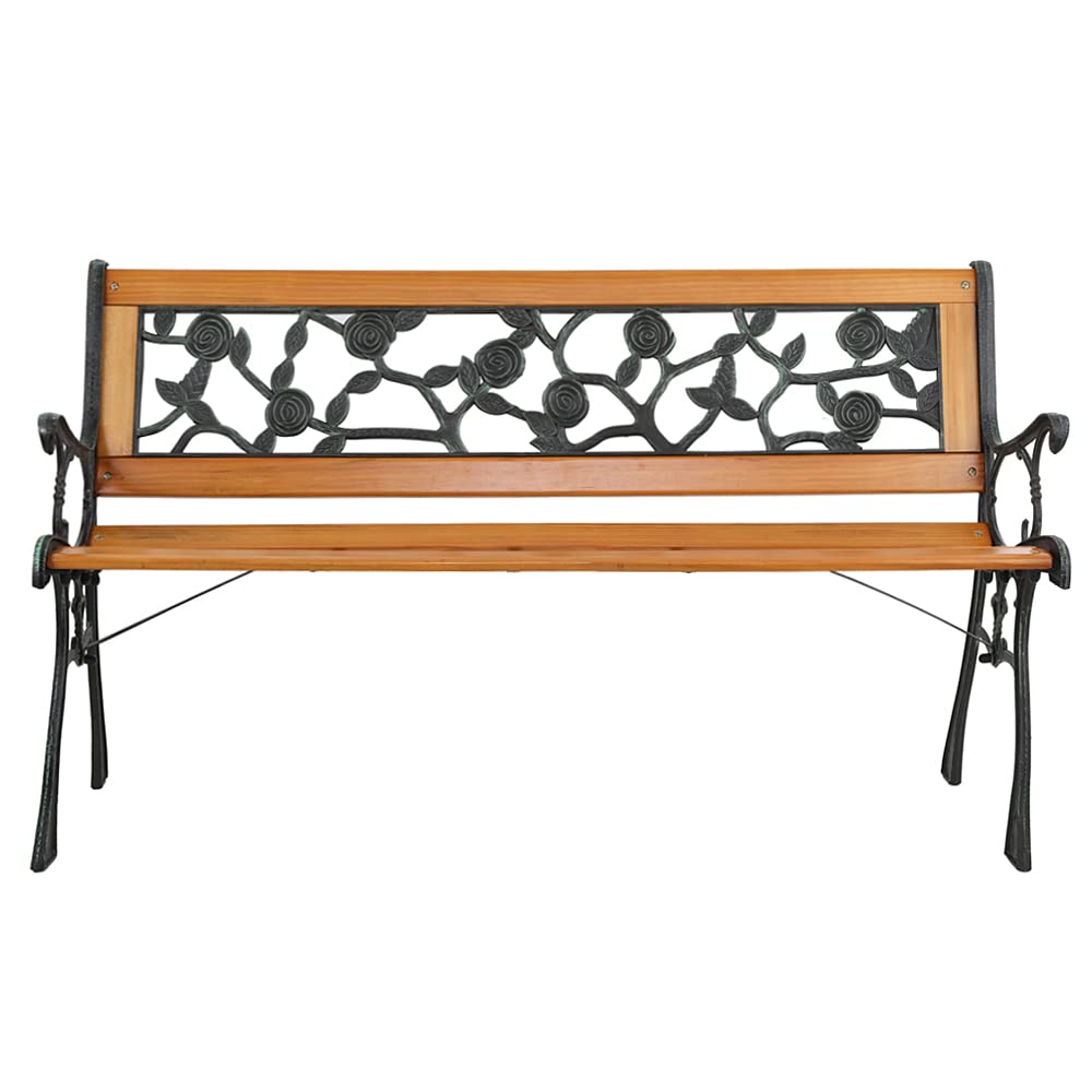 Patio Bench with Backrest and Armrests - Metal and Wood Bench