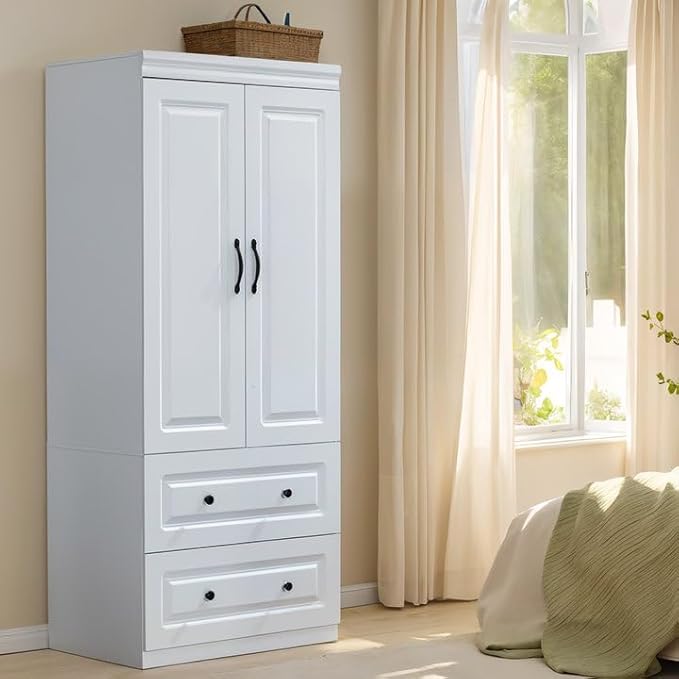 74" H Closet with Doors White Wooden Armoire Wardrobe Closet Freestanding