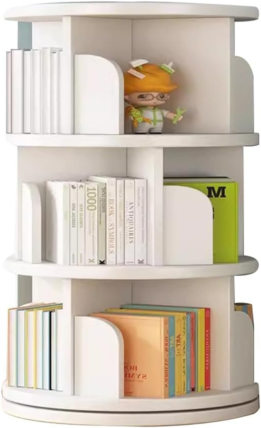 Rotating Bookshelf Tower 3 Tier, 360° Rotating Bookcase, Round Kid Book Shelf for Bedrooms, Living Rooms, Offices(White), 46*97cm