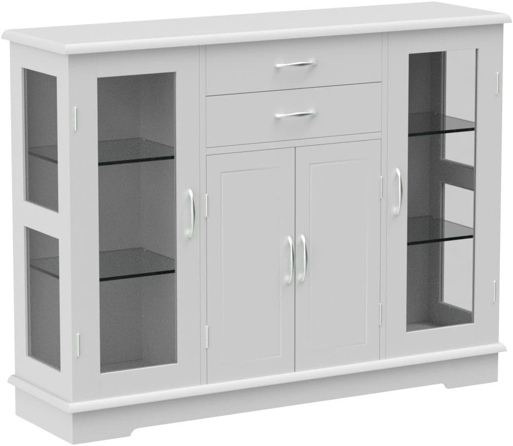 Sideboard Buffet Server Storage Cabinet W/ 2 Drawers, 3 Cabinets and Glass Doors