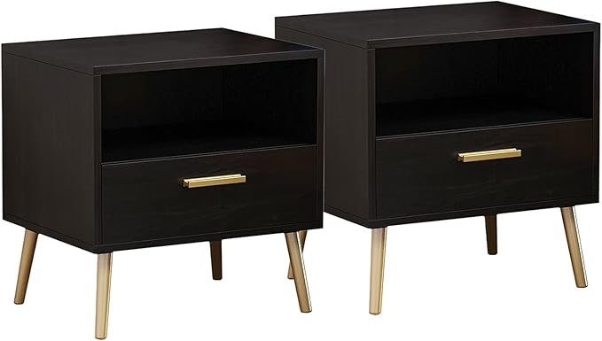 Nightstand Set of 2 Modern Bedside Table with Metal Legs Minimalist