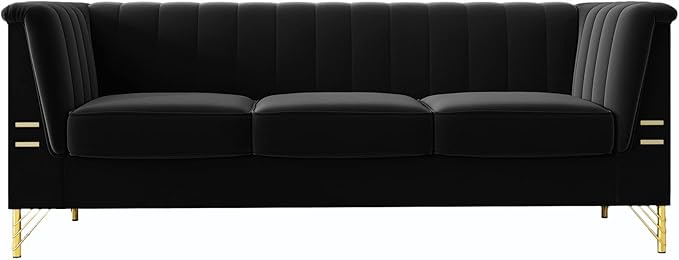 JINGDIAN Mid-Century Modern Black Velvet Sofa with Gold Metal Legs, 83.86"