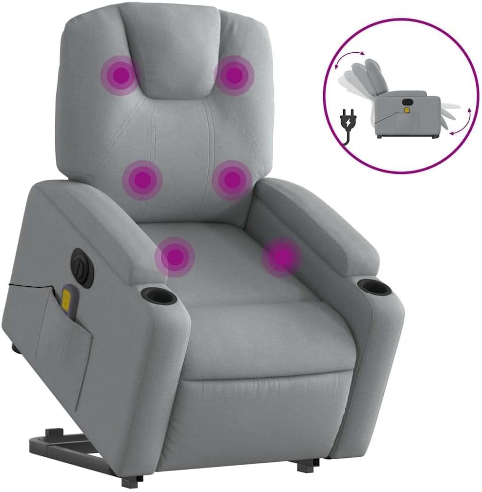 Electric Lift Massage Recliner Chair - Light Gray Fabric, Power Lift-Up & Reclining, 6-Point