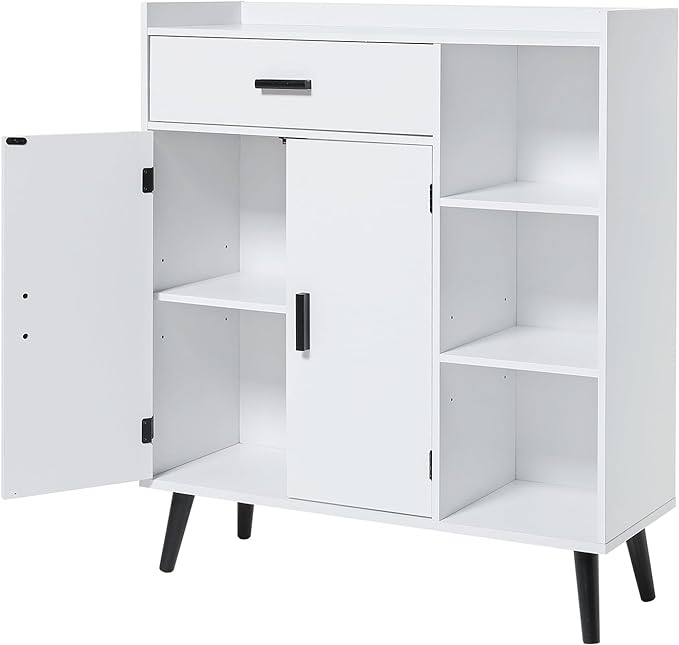 Storage Cabinet, Floor Storage Cabinet with 1 Large Space, 2 Doors & 3 Shelves,