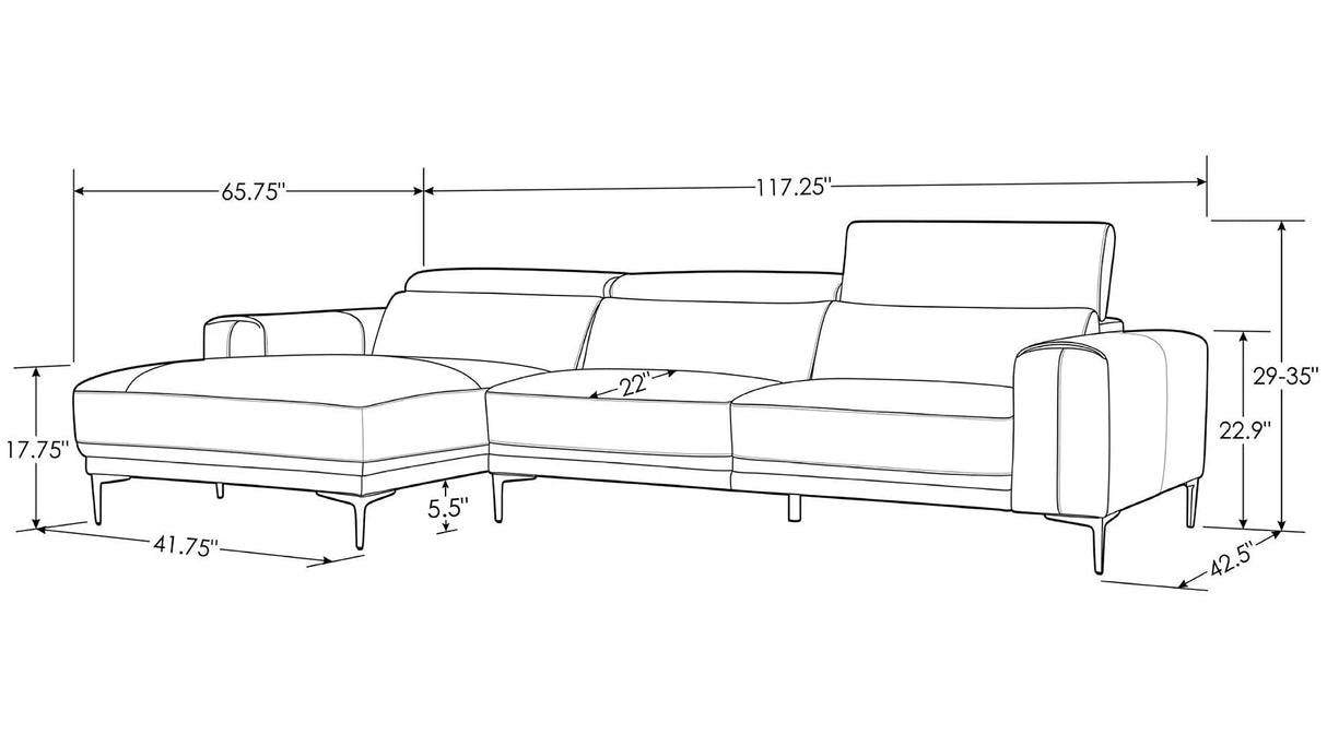 Rousso Leather Sofa with Ratcheting Headrests - Right Chaise - White