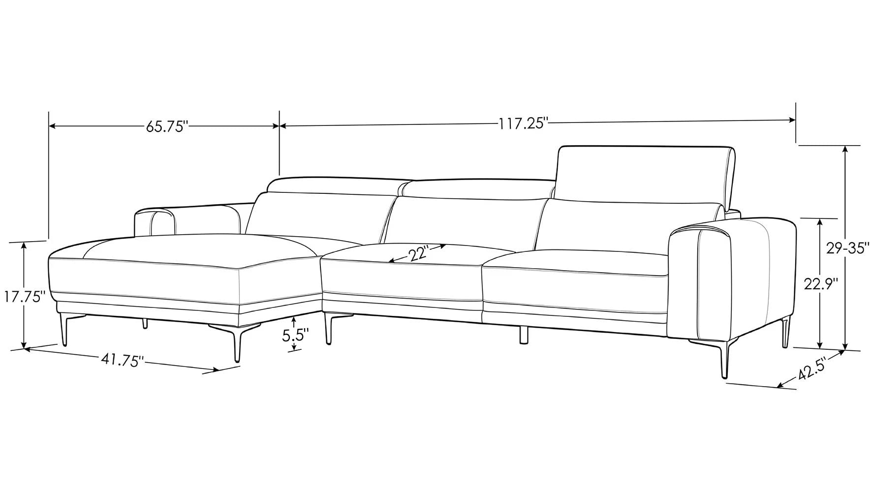 Rousso Leather Sofa with Ratcheting Headrests - Right Chaise - White