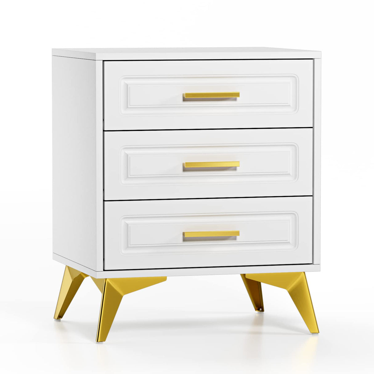 White Nightstand with 3 Drawers, Modern Night Stand with Gold Solid Metal Legs