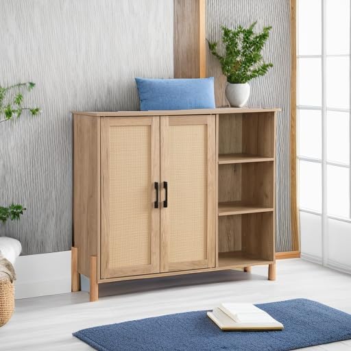 Storage Cabinet, Bathroom Cabinet with Rattan Doors, Bathroom Floor Cabinet with Open