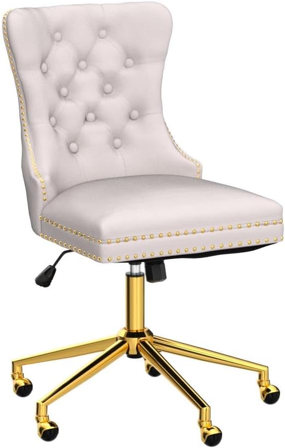 Office Chair Velvet Upholstered Tufted Button Chair with Golden Metal Base Adjustable Desk Chair