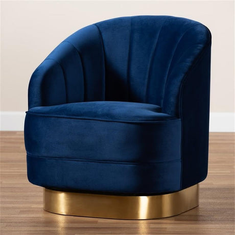 Fiore Glam and Luxe Royal Blue Velvet Fabric Upholstered Brushed Gold Finished Swivel Accent Chair