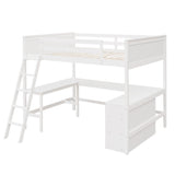 Full Size Loft Bed with Shelves and Desk, Wooden Loftbed Frame with w/Ladder for Kids