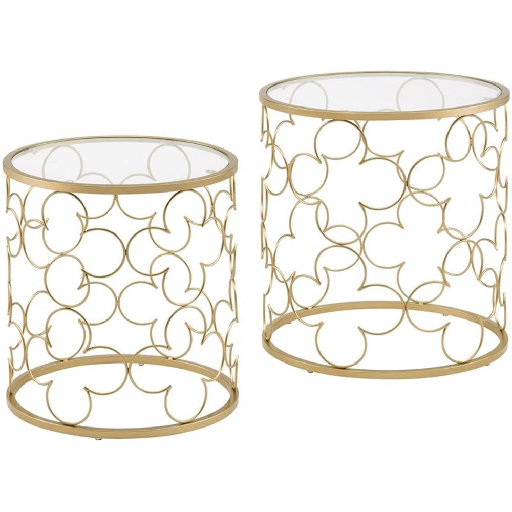 Flowie 2-Piece Round Glass Top Nesting Table in Clear and Gold
