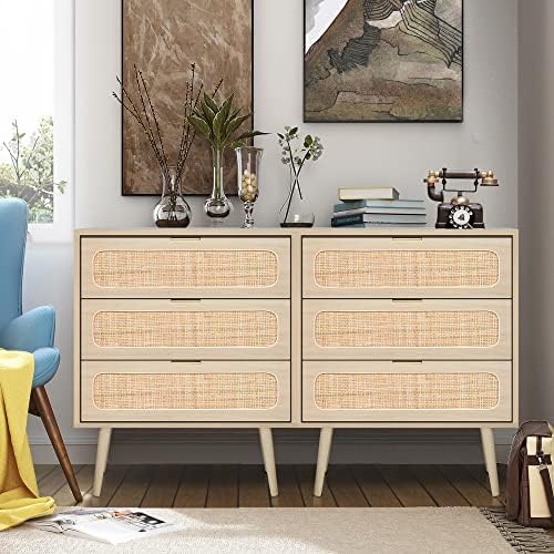 RARZOE 2 Sets of Rattan Nightstand Dresser Chest of 3 Drawers, Wood Storage Dresser Cabinet Organizer Unit for Bedroom Living Room Closet Office(Natural)