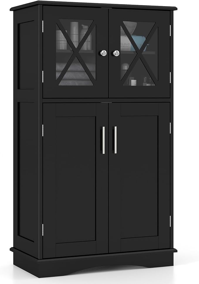 Bathroom Floor Storage Cabinet - Linen Floor Cabinet with Doors and Adjustable Shelves