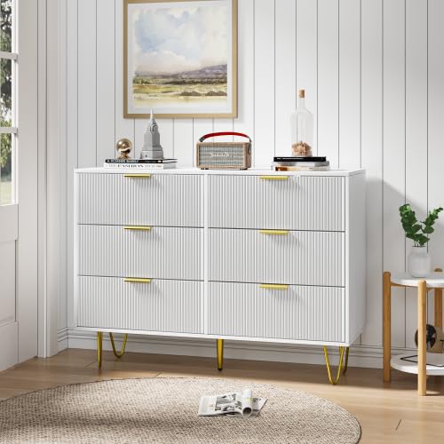 Modern Dresser for Bedroom, 6 Drawer Double Dresser with Gold Handles