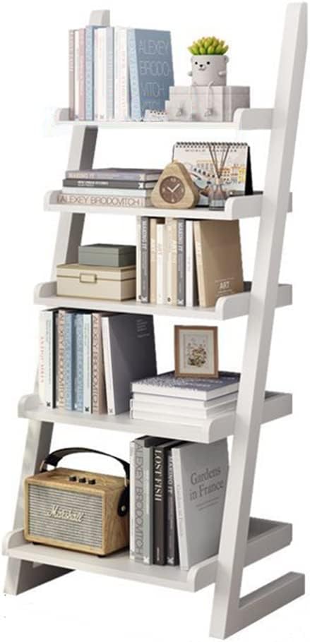 Bookcase Bookshelf Ladder, Freestanding Wooden Living Room Shelves, Bookcase with 5-Tier Shelf, Leaning Decorative Shelves for Home and Office (Color : White)