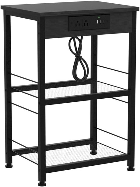 Black Nightstand with Charging Station Industrial End Side Table