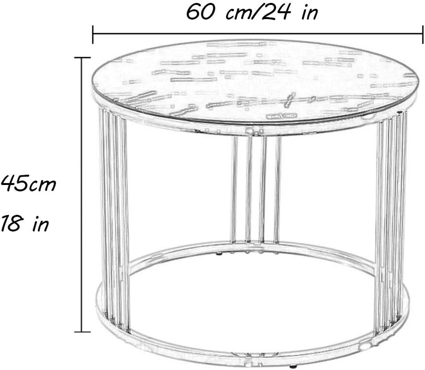 Round End Table Side Table, Marble Pattern Tempered Glass, Coffee Table with Stainless