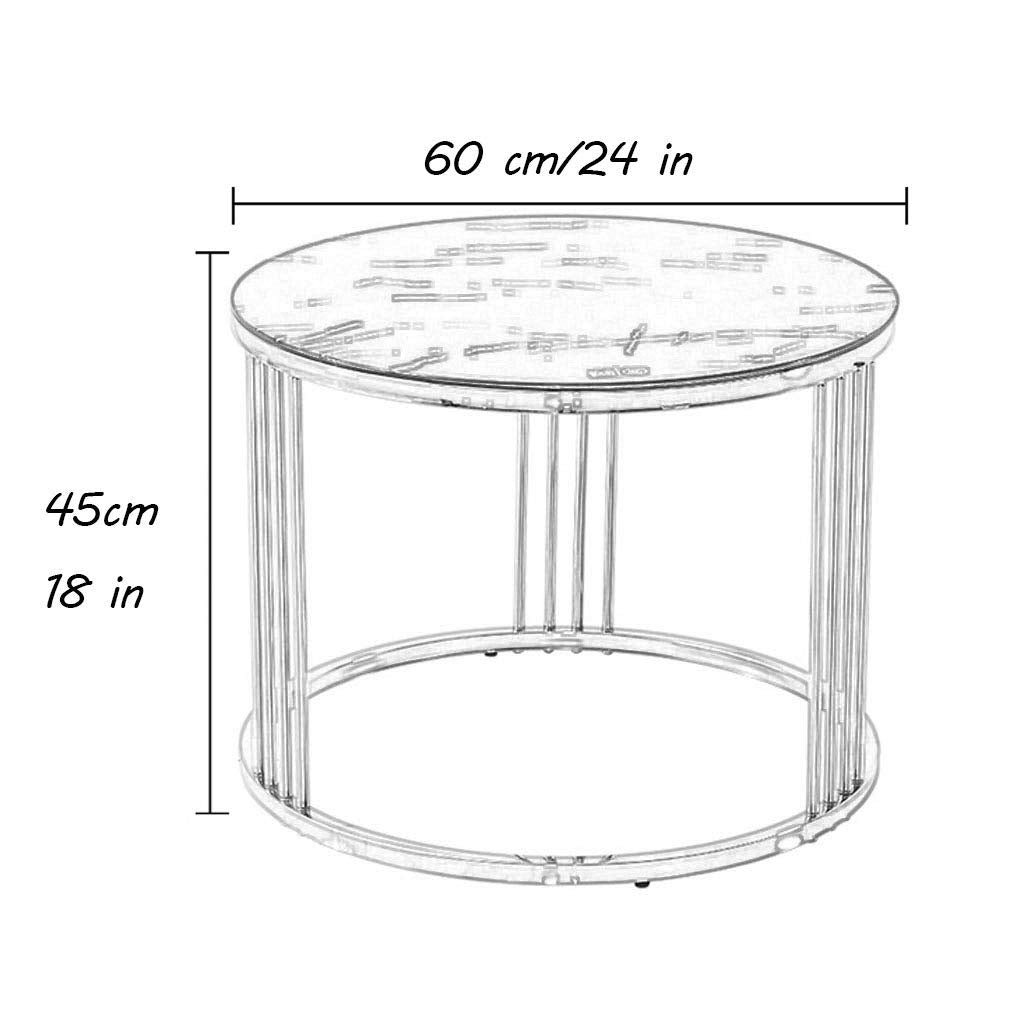 Round End Table Side Table, Marble Pattern Tempered Glass, Coffee Table with Stainless