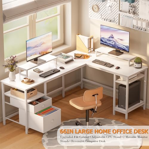 Furologee White 66" L Shaped Desk with Shelves, Reversible Corner Computer Desk with File Drawer & Dual Monitor Stand, Large Home Office Desk Writing Study Gaming Table Workstation