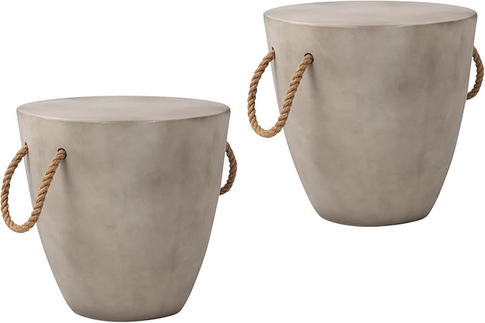 Outdoor Shaped Side Table with Concrete Top & Hemp Rope Handles, 17'' Patio Accent Table