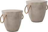 Outdoor Shaped Side Table with Concrete Top & Hemp Rope Handles, 17'' Patio Accent Table