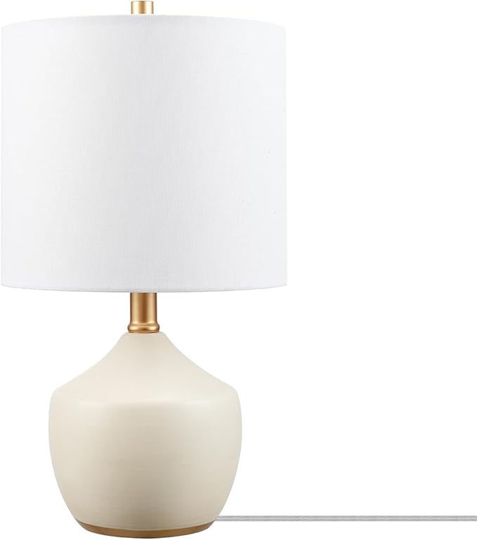 61000049 18" Ceramic Table Lamp, Soft Beige Finish, White Linen Shade, On/Off Rotary Switch on Socket, Table Lamp for Living Room, Home Décor,