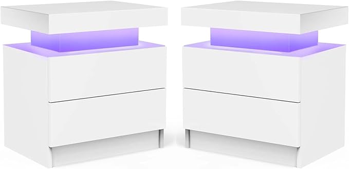 Nightstand LED Set of 2 Bedside Table Cabinet with Lights Modern End Side Drawers