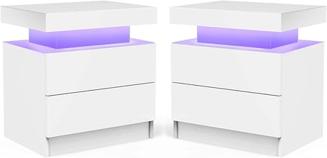 Nightstand LED Set of 2 Bedside Table Cabinet with Lights Modern End Side Drawers