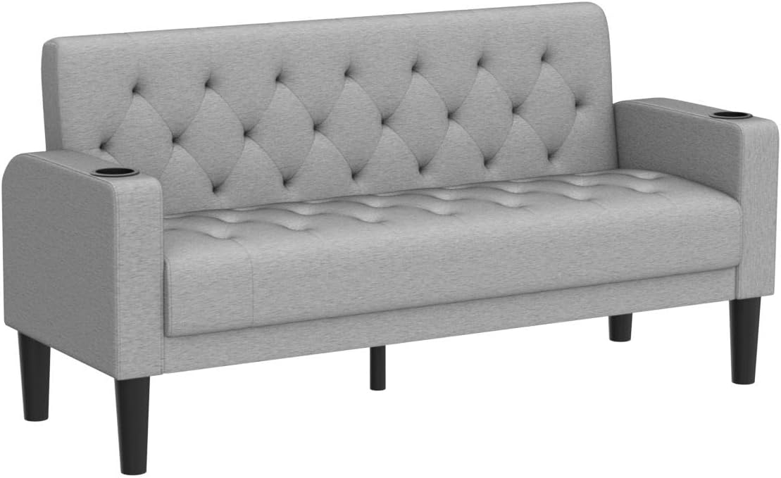 62" W Loveseat Sofa w/ 2 USB Charger Ports and 2 Cupholders, Mid-Century Modern Tufted