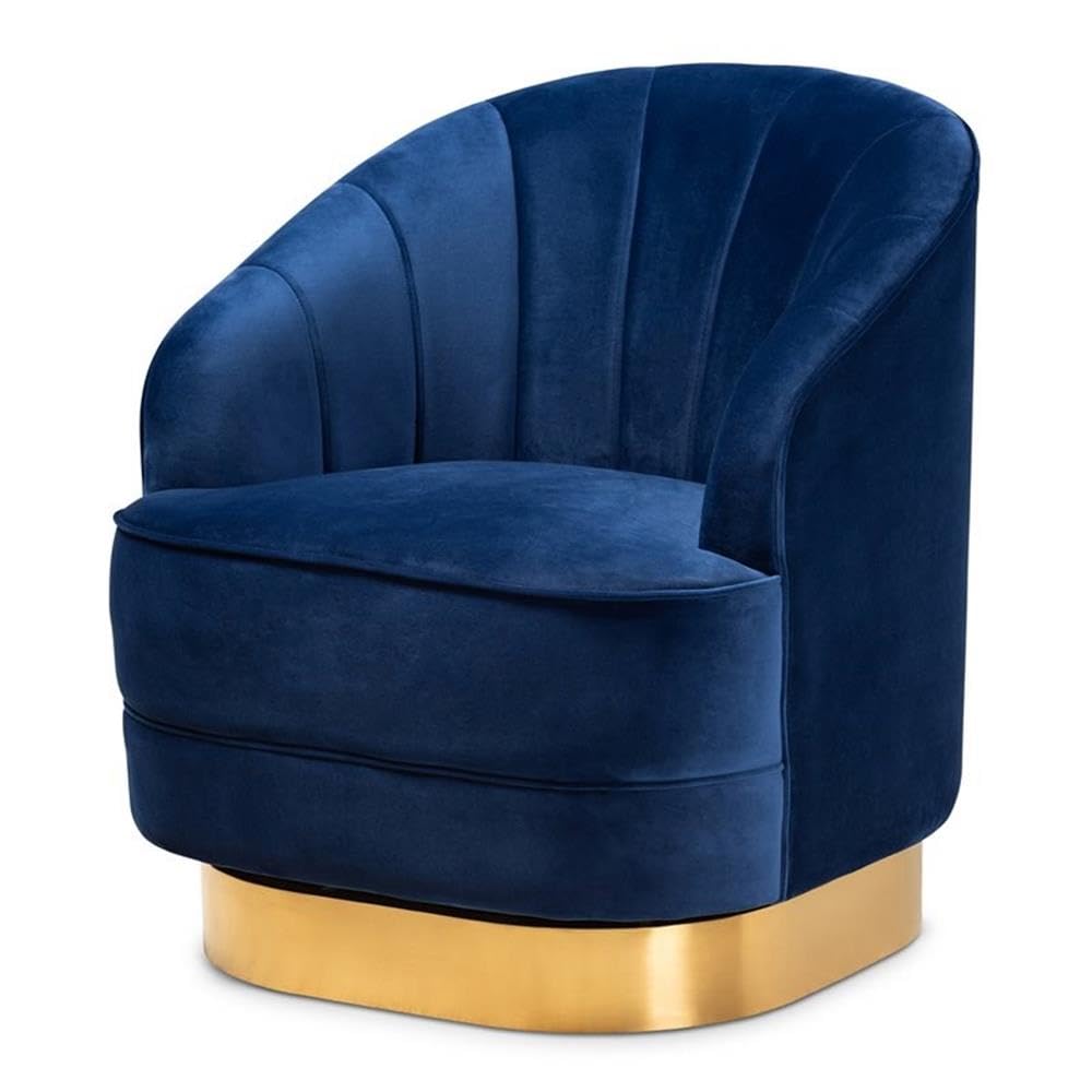 Baxton Studio Fiore Glam and Luxe Royal Blue Velvet Fabric Upholstered Brushed Gold Finished Swivel Accent Chair