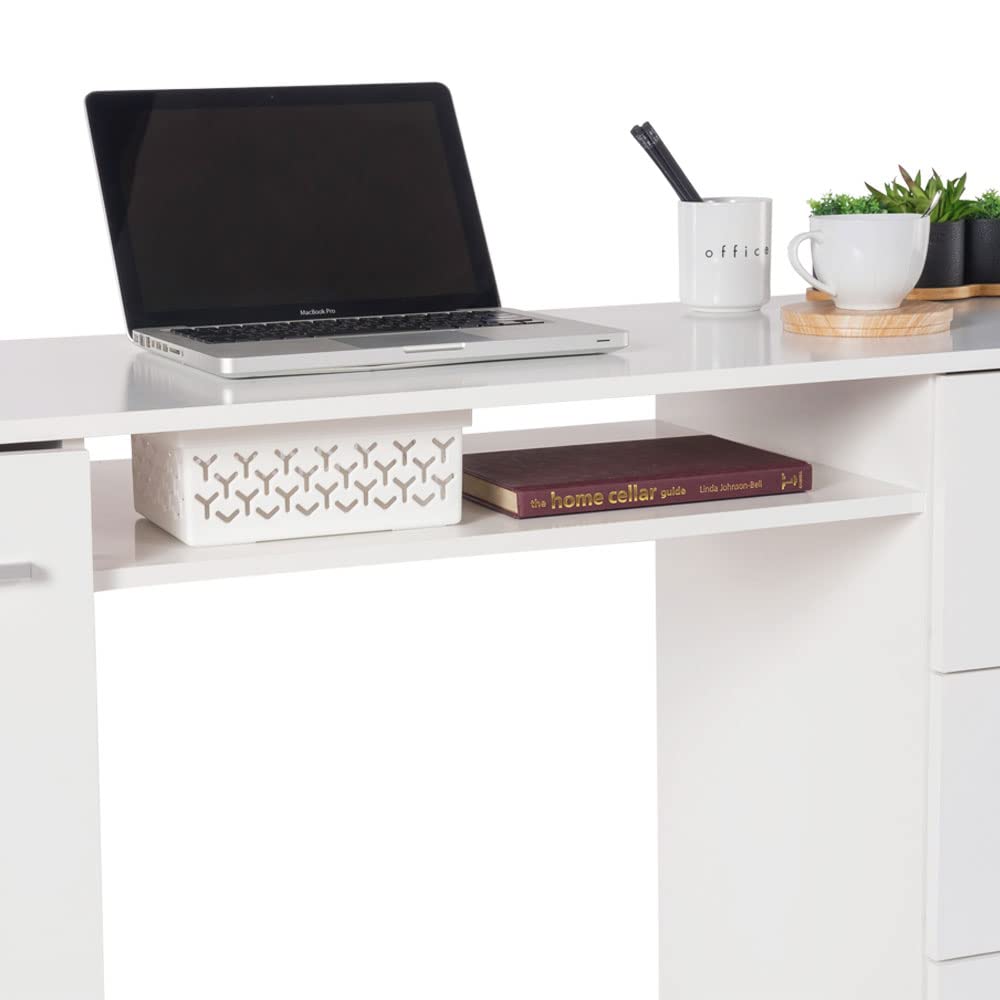 Computer Desk with 3 Drawers, 1 Door and 1 Storage Shelf, Wood Writing Home Office