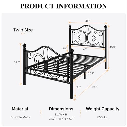 Twin Size Bed Frame for Kids,Metal Bed Frame with Butterfly Pattern Design Headboard