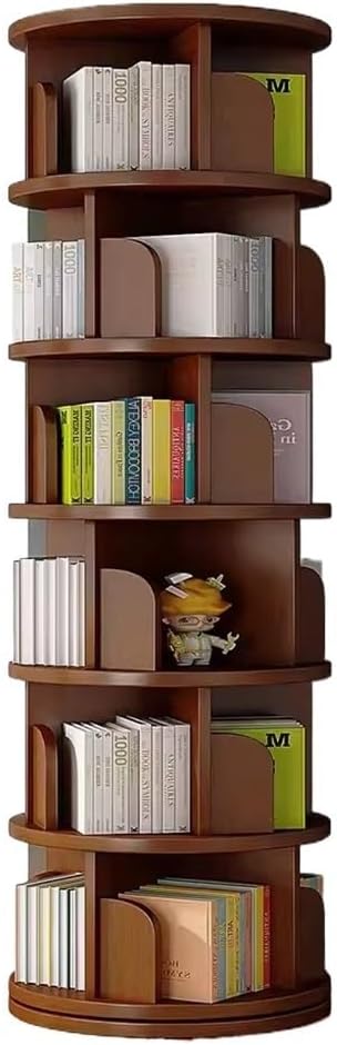 6 Tier Rotating Bookcase,360°Display Wood Round Bookshelf, Corner Bookshelf for Small