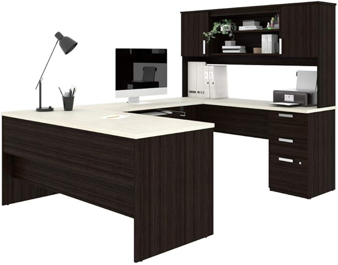 Bestar, Ridgeley Collection, Modern Executive Computer Desk with Pedestal and Hutch